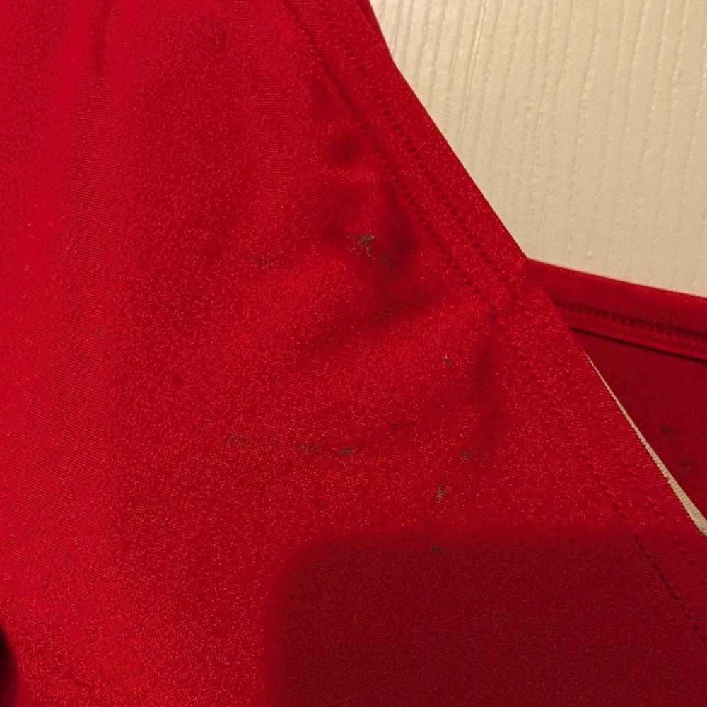 Real Y2K Vintage Simon Chang Wrap Red One Piece Swimsuit w Gold Detail Size 14 - Picture 13 of 16